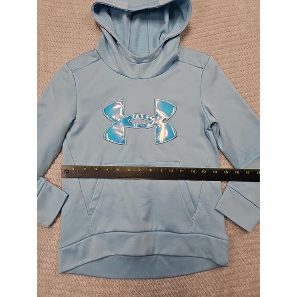 Under Armour Sweatshirt Girls Youth Small Blue Hooded Pullover Halographic Logo - Picture 3 of 7